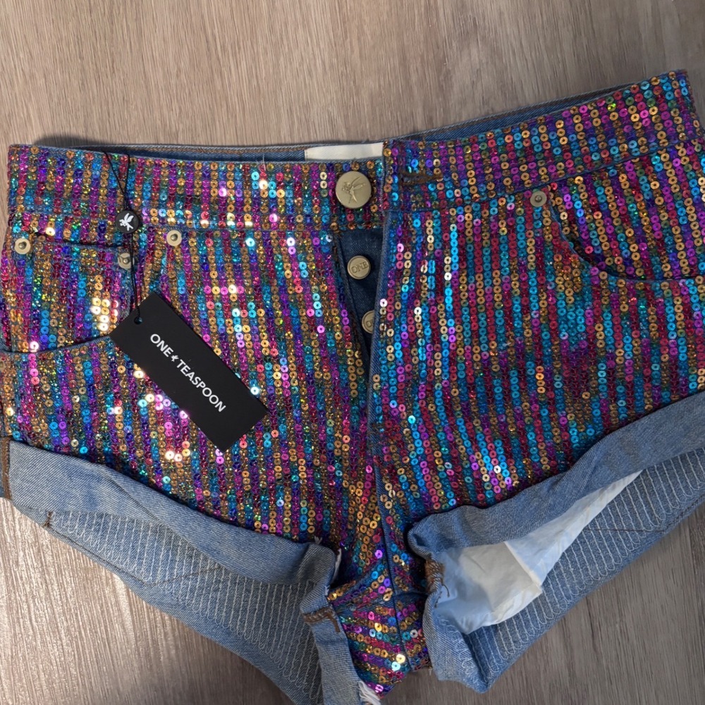 One Teaspoon Bandit Low Waist Denim Shorts Rainbow Sequin 26002 Womens Size 26
